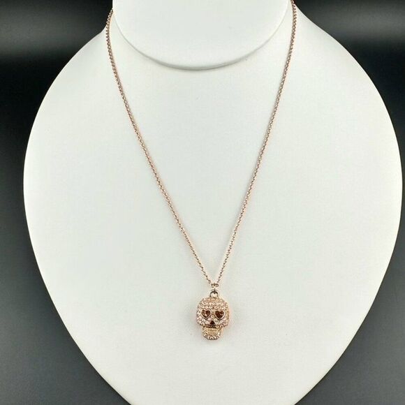 Betsy Johnson Rose Gold Crystal Pave Skull Heart Eye Necklace - Picture 2 of 4